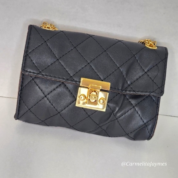 Black & Gold 👜 Mini Handbag Quilted Lock Crossbody Purse Gold Multi-Chain - Picture 3 of 8